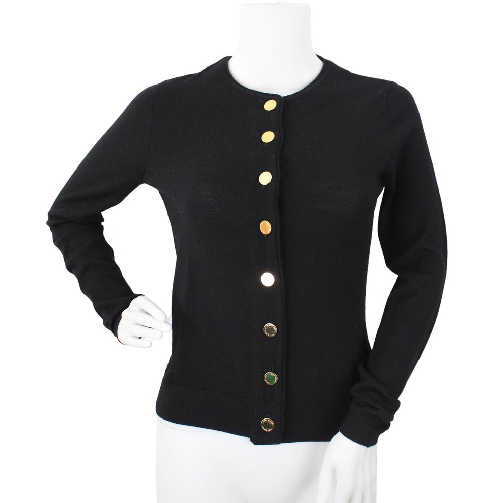 Tory Burch 100% Merino Wool Black Crewneck Gold Button Cardigan Size XS